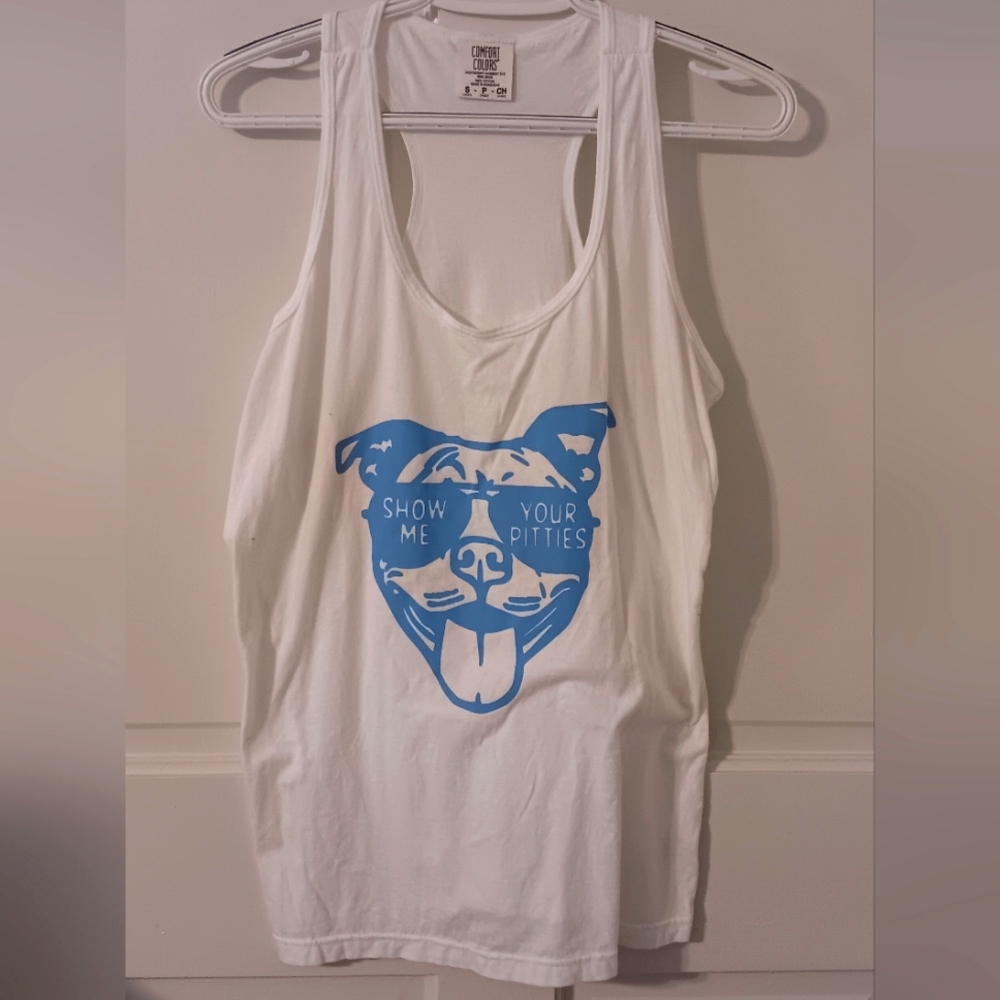 Show Me Your Pitties White Tank Top with Blue Pitbull Face Oversized Size Small